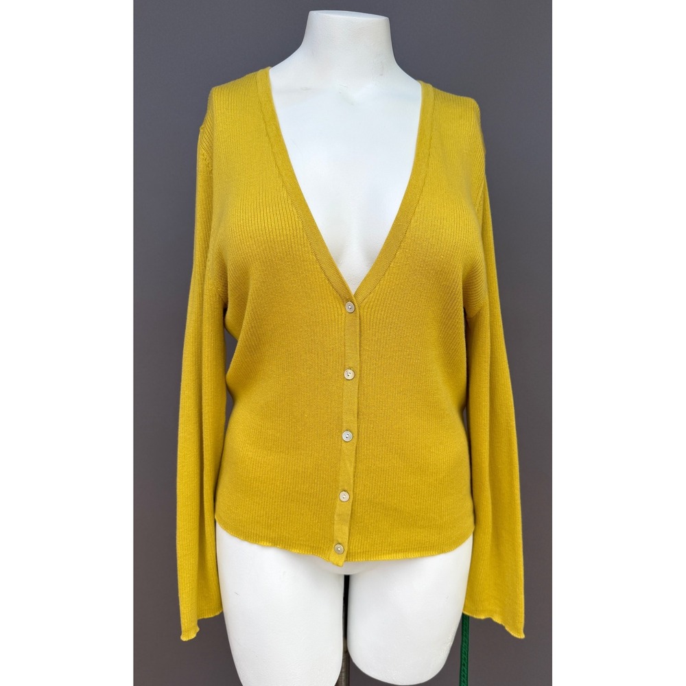 J Jill Cardigan Sweater Large Yellow V-Neck‎ Button Front Ribbed Knit Soft Layer